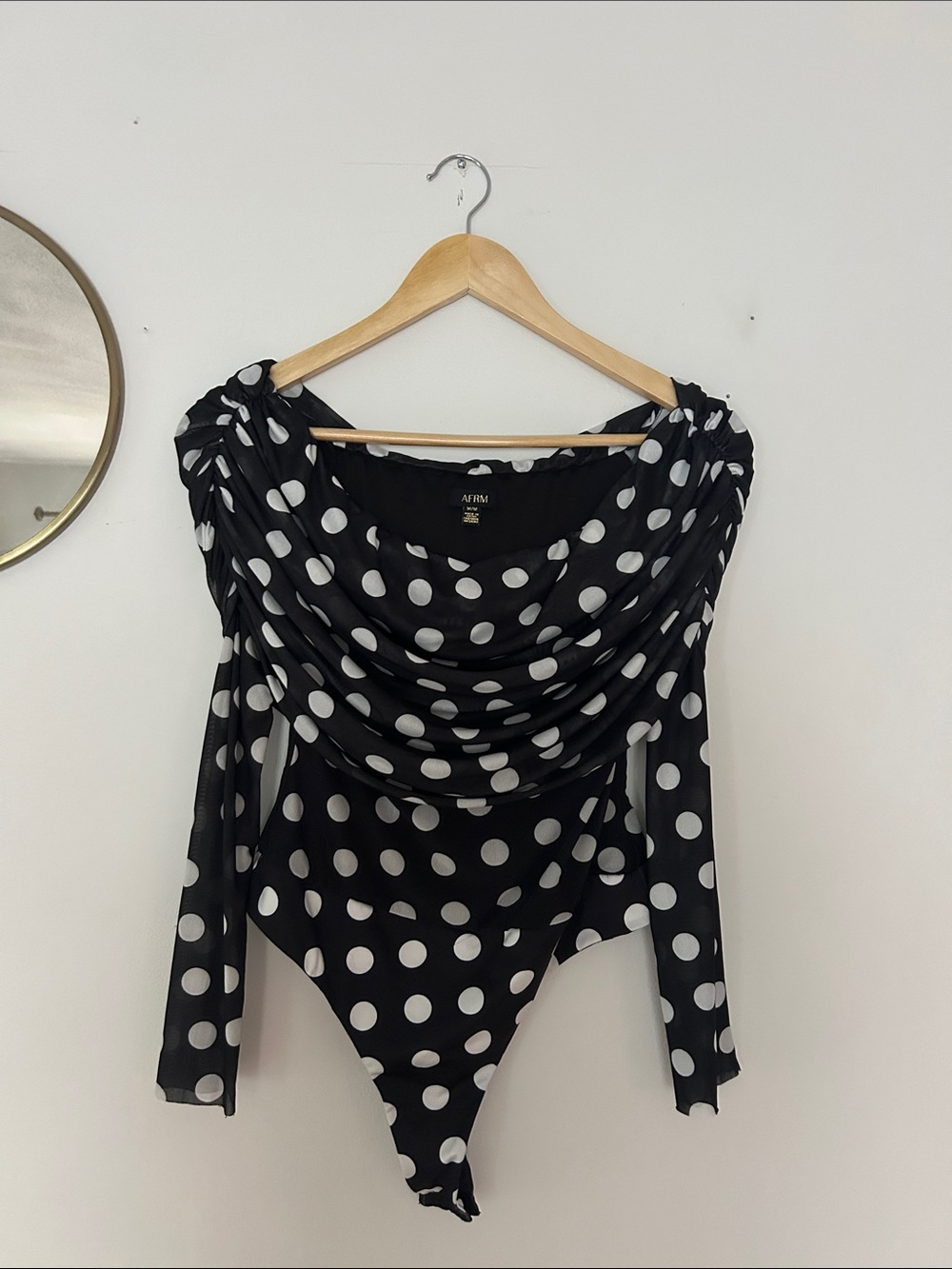 AFRM Black and White Polka Dot Draped Long-Sleeve Bodysuit